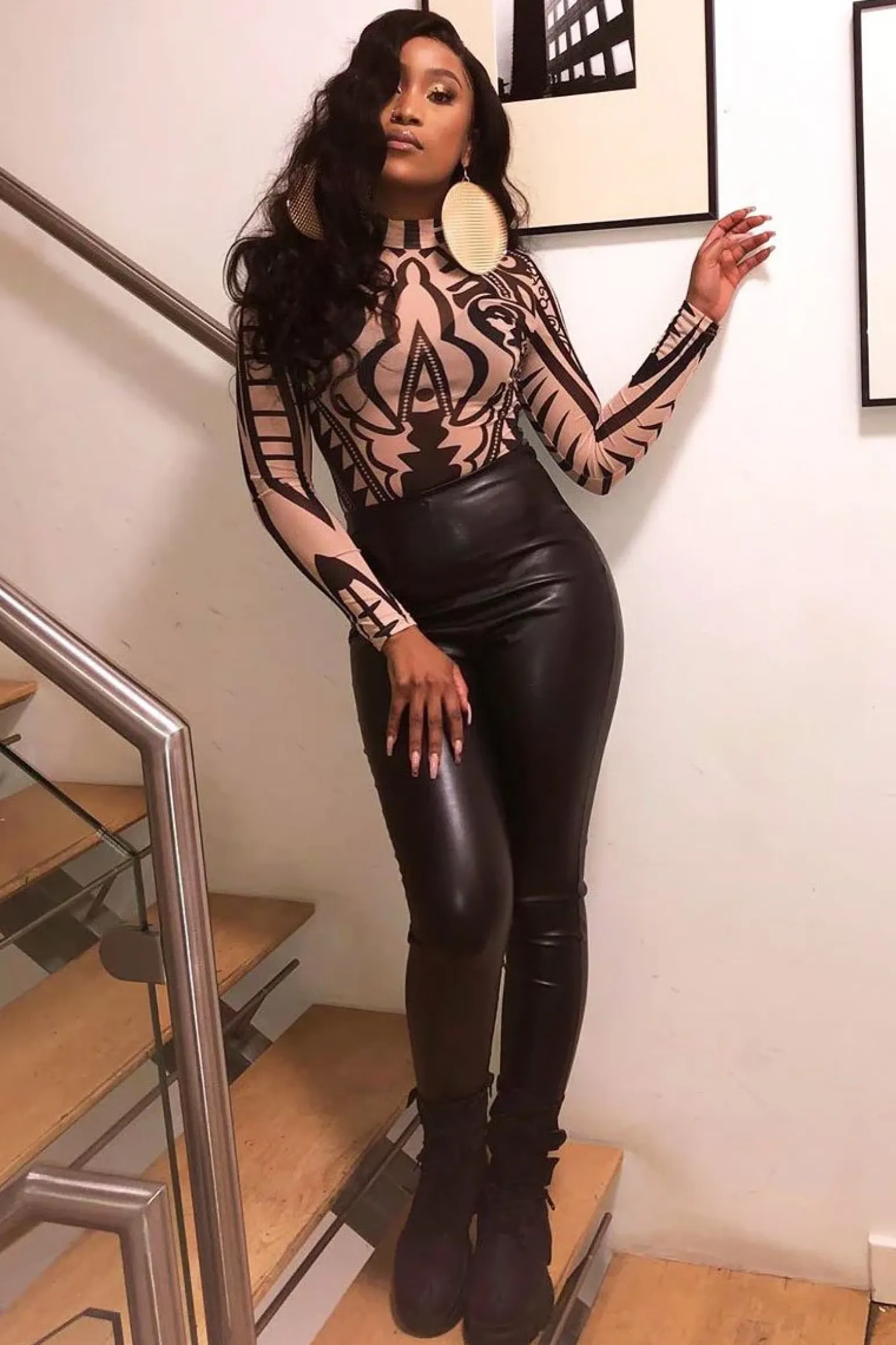 Rebellious Fashion Nude Black Mesh Long Sleeve Patterned Bodysuit - Caci
