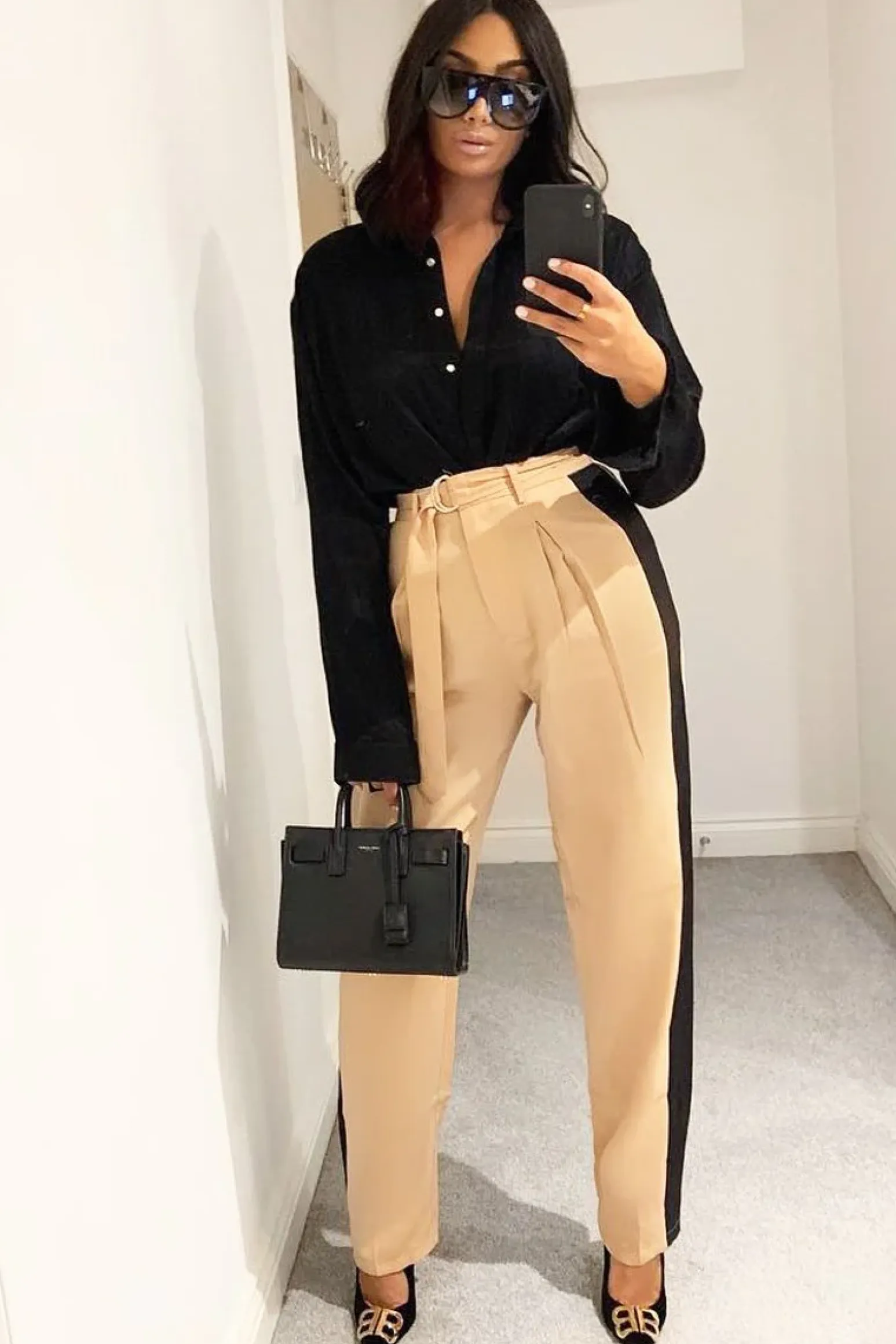 Rebellious Fashion Nude Black Stripe Belted Wide Leg Trousers - Philippa