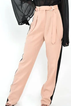 Rebellious Fashion Nude Black Stripe Belted Wide Leg Trousers - Philippa