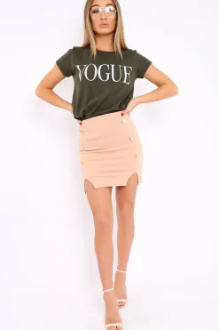 Rebellious Fashion Nude Bodycon Button Down Split Front Mini Skirt - Gretel