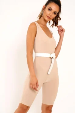 Rebellious Fashion Nude Bodycon Scoop Neck Unitard - Idalie