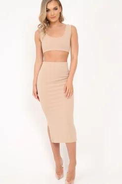 Rebellious Fashion Nude Body Con Skirt And Crop Top Co-Ord - Loyola