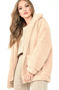 Rebellious Fashion Nude Borg Zipper Front Pocket Coat - Jacklynn