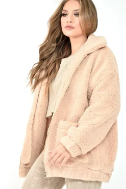 Rebellious Fashion Nude Borg Zipper Front Pocket Coat - Jacklynn