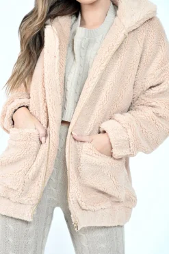 Rebellious Fashion Nude Borg Zipper Front Pocket Coat - Jacklynn