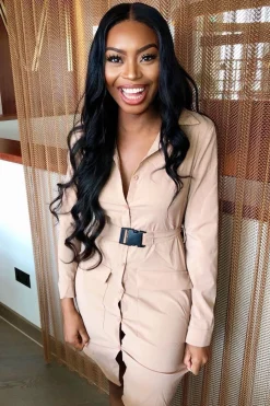 Rebellious Fashion Nude Buckle Belted Utility Shirt Dress - Layla