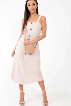 Rebellious Fashion Nude Button Front Belted Midi Dress - Caela