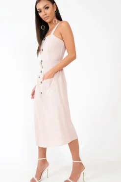 Rebellious Fashion Nude Button Front Belted Midi Dress - Caela