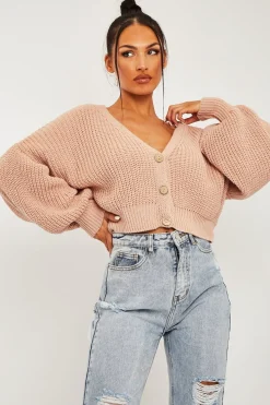 Rebellious Fashion Nude Chunky Knit Button Front Cardigan - Florance