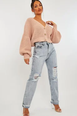 Rebellious Fashion Nude Chunky Knit Button Front Cardigan - Florance