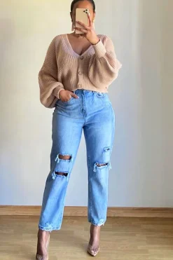 Rebellious Fashion Nude Chunky Knit Button Front Cardigan - Florance