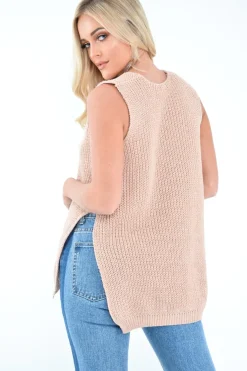 Rebellious Fashion Nude Chunky Knit Sleeveless V Neck Jumper - Zaliyah