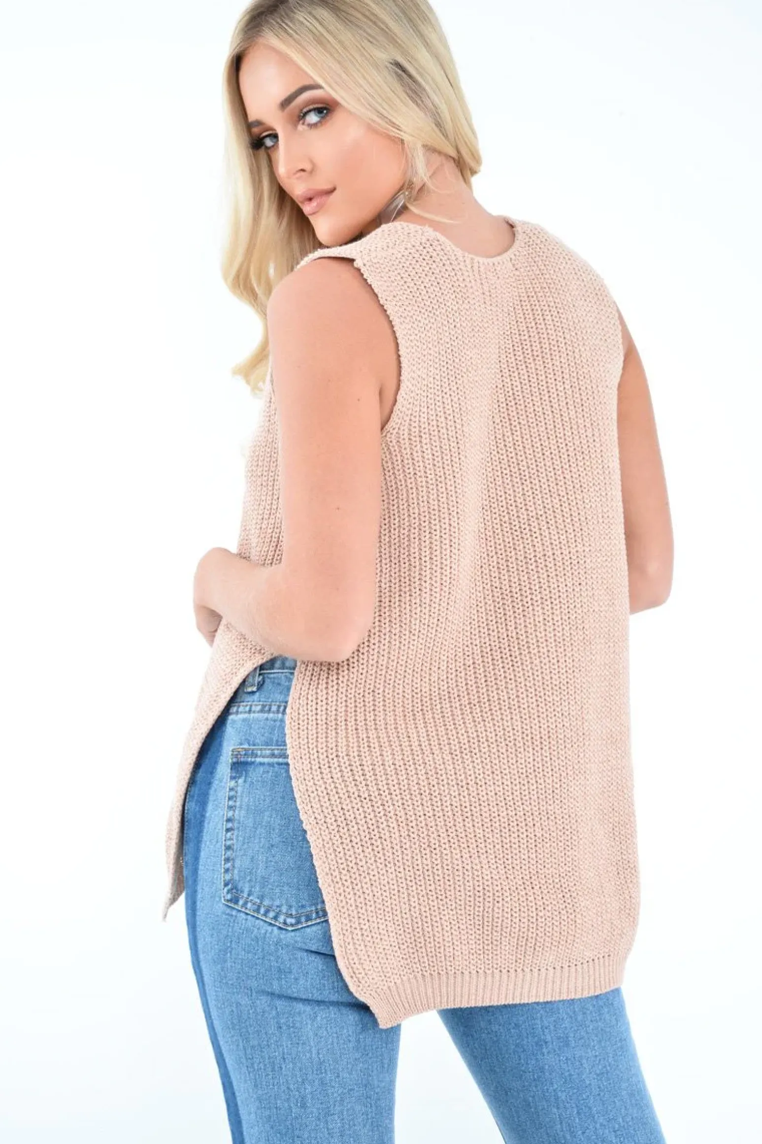 Rebellious Fashion Nude Chunky Knit Sleeveless V Neck Jumper - Zaliyah