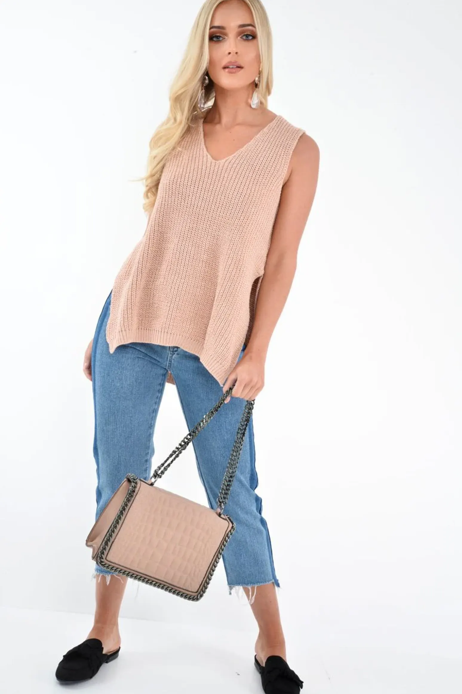 Rebellious Fashion Nude Chunky Knit Sleeveless V Neck Jumper - Zaliyah