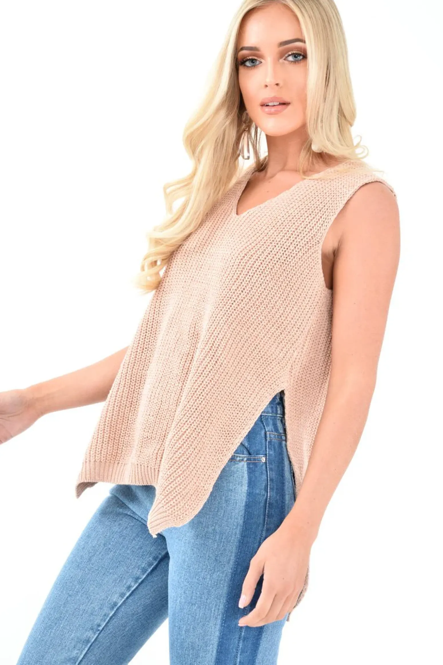 Rebellious Fashion Nude Chunky Knit Sleeveless V Neck Jumper - Zaliyah