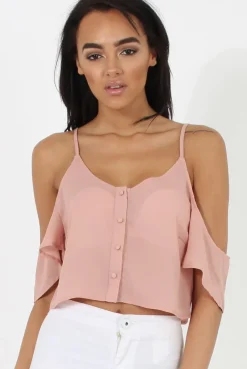 Rebellious Fashion Nude Cold Shoulder Button Crop Top - Harlow