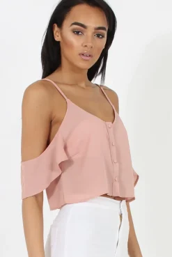 Rebellious Fashion Nude Cold Shoulder Button Crop Top - Harlow