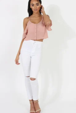 Rebellious Fashion Nude Cold Shoulder Button Crop Top - Harlow