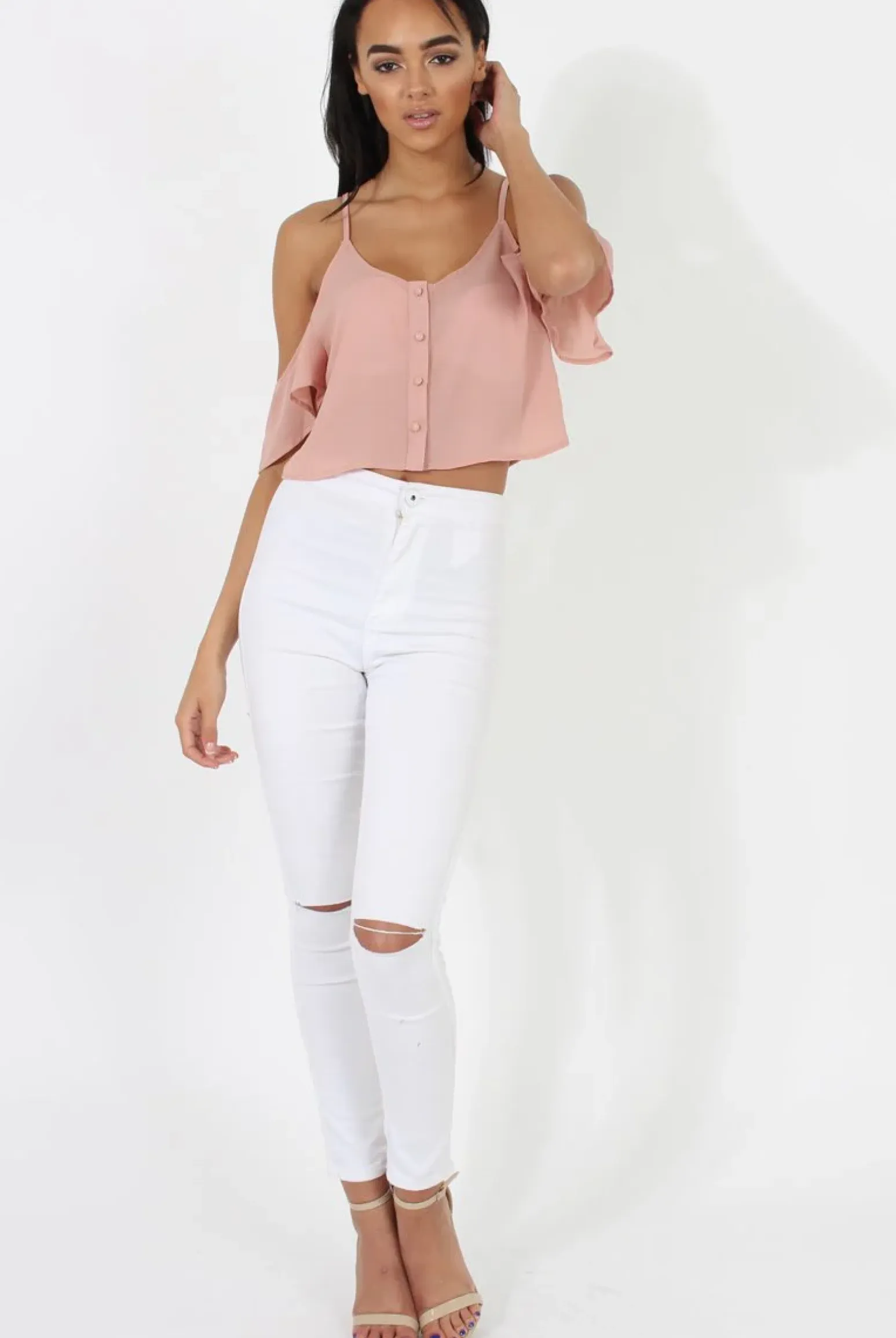 Rebellious Fashion Nude Cold Shoulder Button Crop Top - Harlow