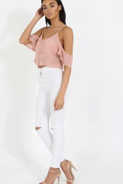 Rebellious Fashion Nude Cold Shoulder Button Crop Top - Harlow