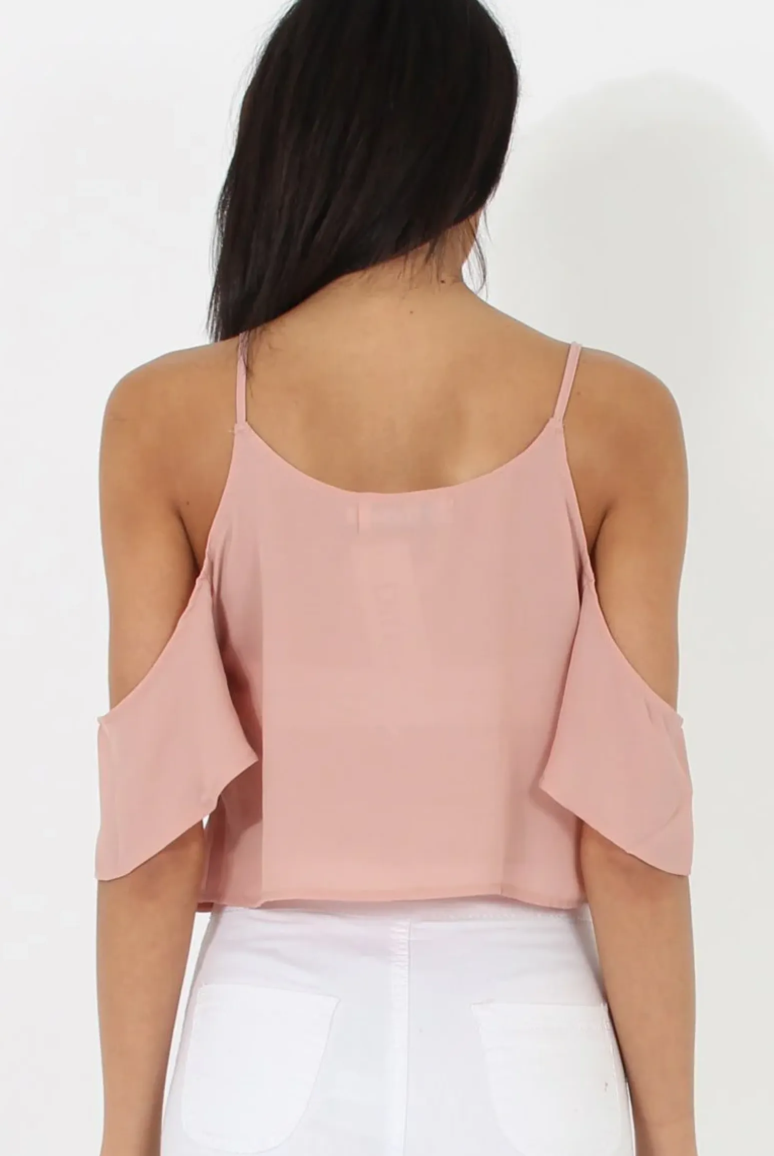 Rebellious Fashion Nude Cold Shoulder Button Crop Top - Harlow