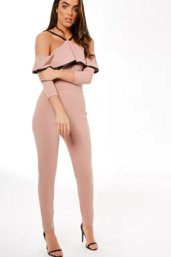 Rebellious Fashion Nude Cold Shoulder Frill Detail Jumpsuit - Donna