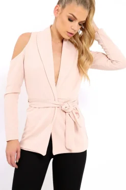 Rebellious Fashion Nude Cold Shoulder Tie Waist Blazer - Agnes