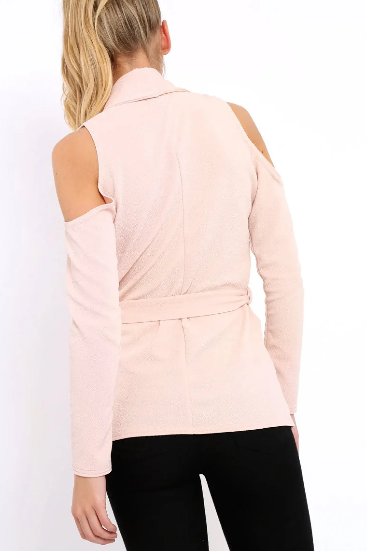 Rebellious Fashion Nude Cold Shoulder Tie Waist Blazer - Agnes