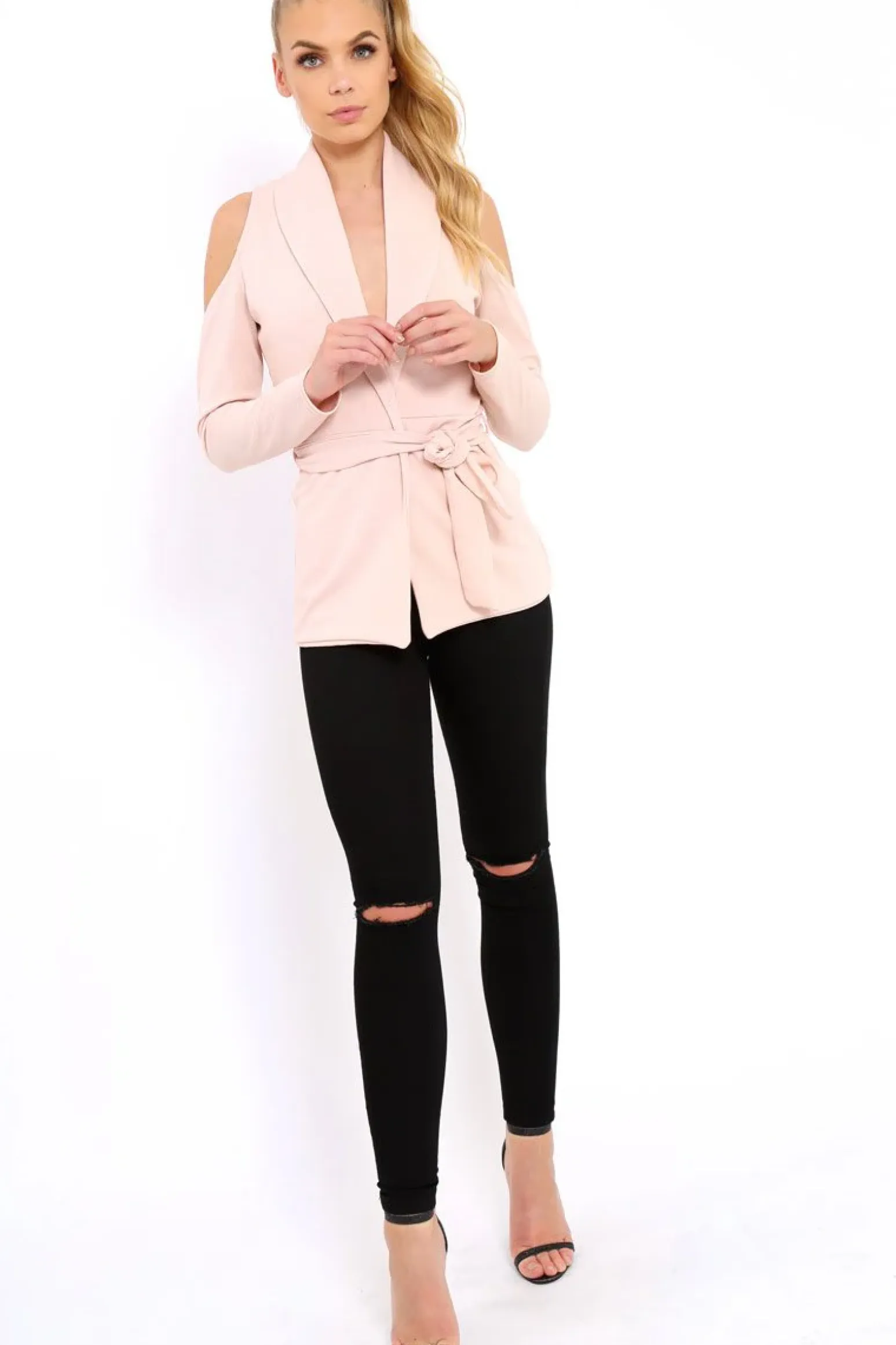 Rebellious Fashion Nude Cold Shoulder Tie Waist Blazer - Agnes