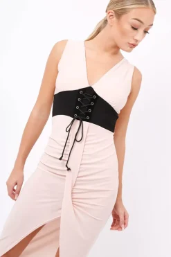 Rebellious Fashion Nude Corset Slit Maxi Dress - Alexus