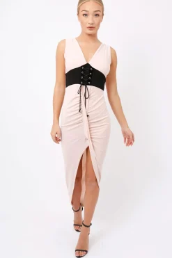 Rebellious Fashion Nude Corset Slit Maxi Dress - Alexus