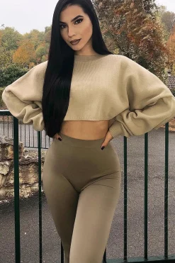 Rebellious Fashion Nude Cropped Batwing Jumper - Lizy