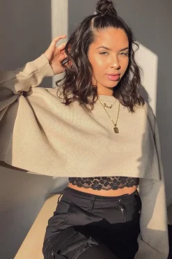 Rebellious Fashion Nude Cropped Batwing Jumper - Lizy