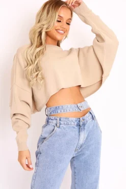 Rebellious Fashion Nude Cropped Batwing Jumper - Lizy