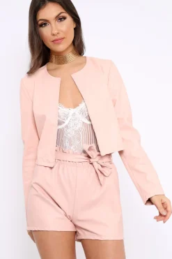 Rebellious Fashion Nude Cropped Faux Leather Jacket -Katriel
