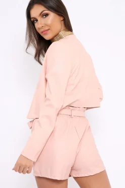 Rebellious Fashion Nude Cropped Faux Leather Jacket -Katriel