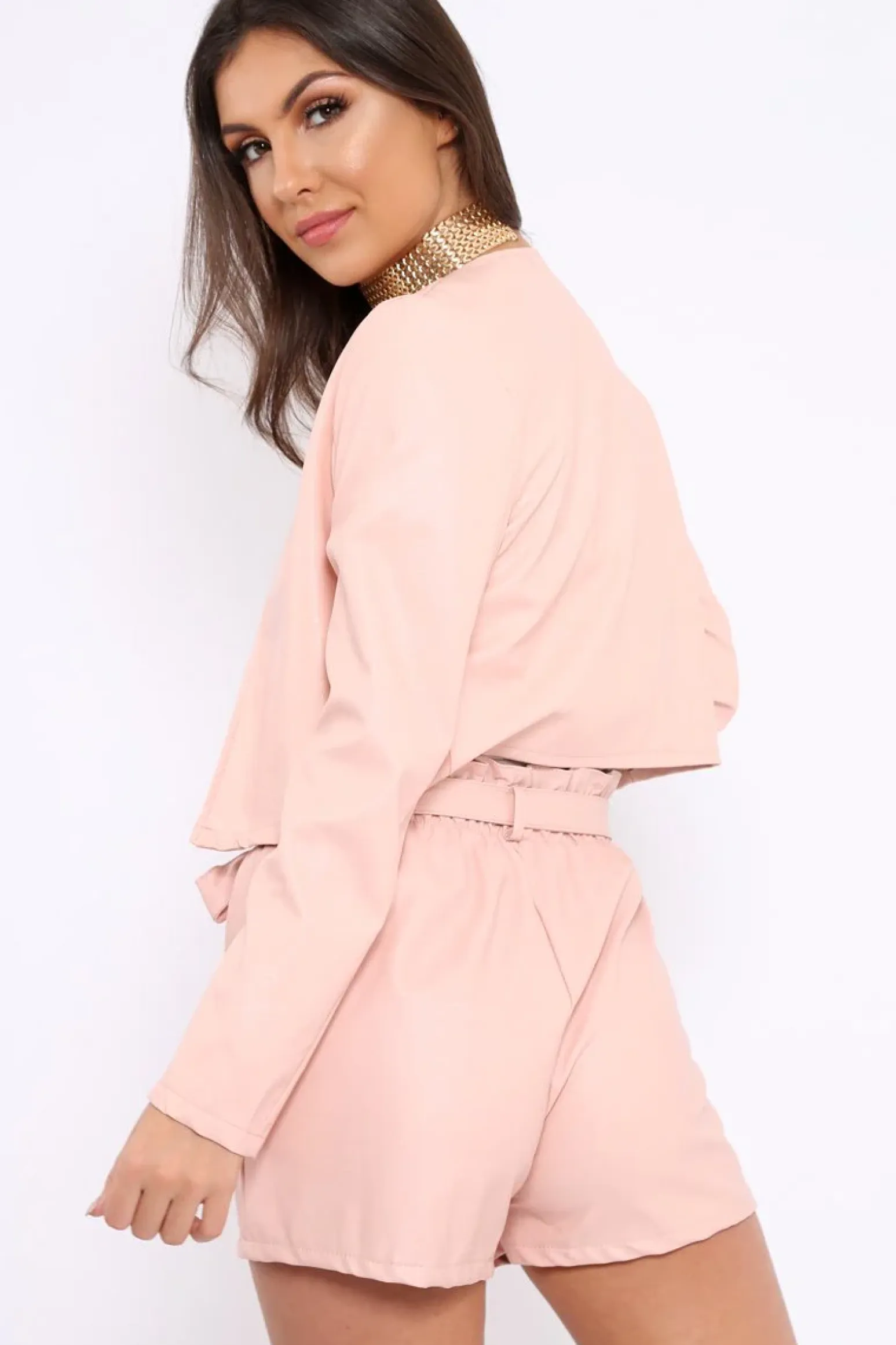 Rebellious Fashion Nude Cropped Faux Leather Jacket -Katriel