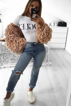Rebellious Fashion Nude Crop Shaggy Jacket - Idelle