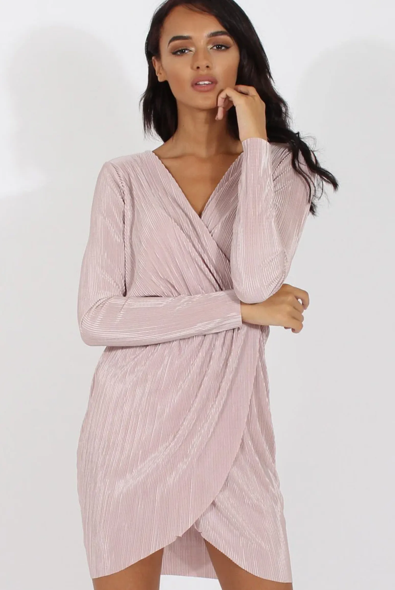Rebellious Fashion Nude Cross Over Pleated Dress - Blossom