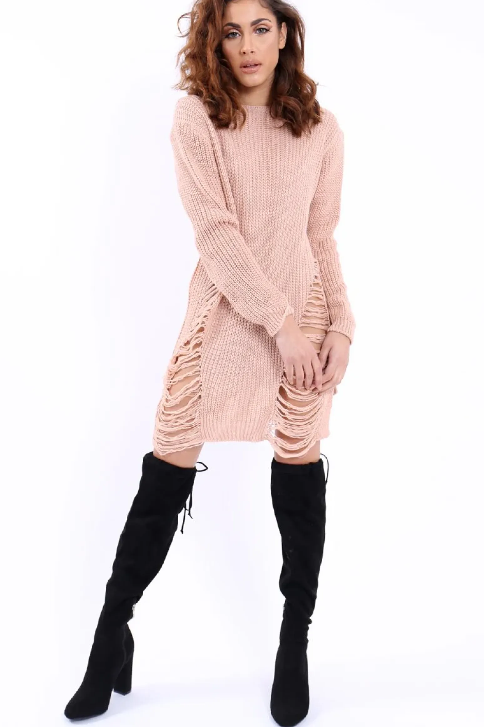 Rebellious Fashion Nude Distressed Jumper Dress - Kim
