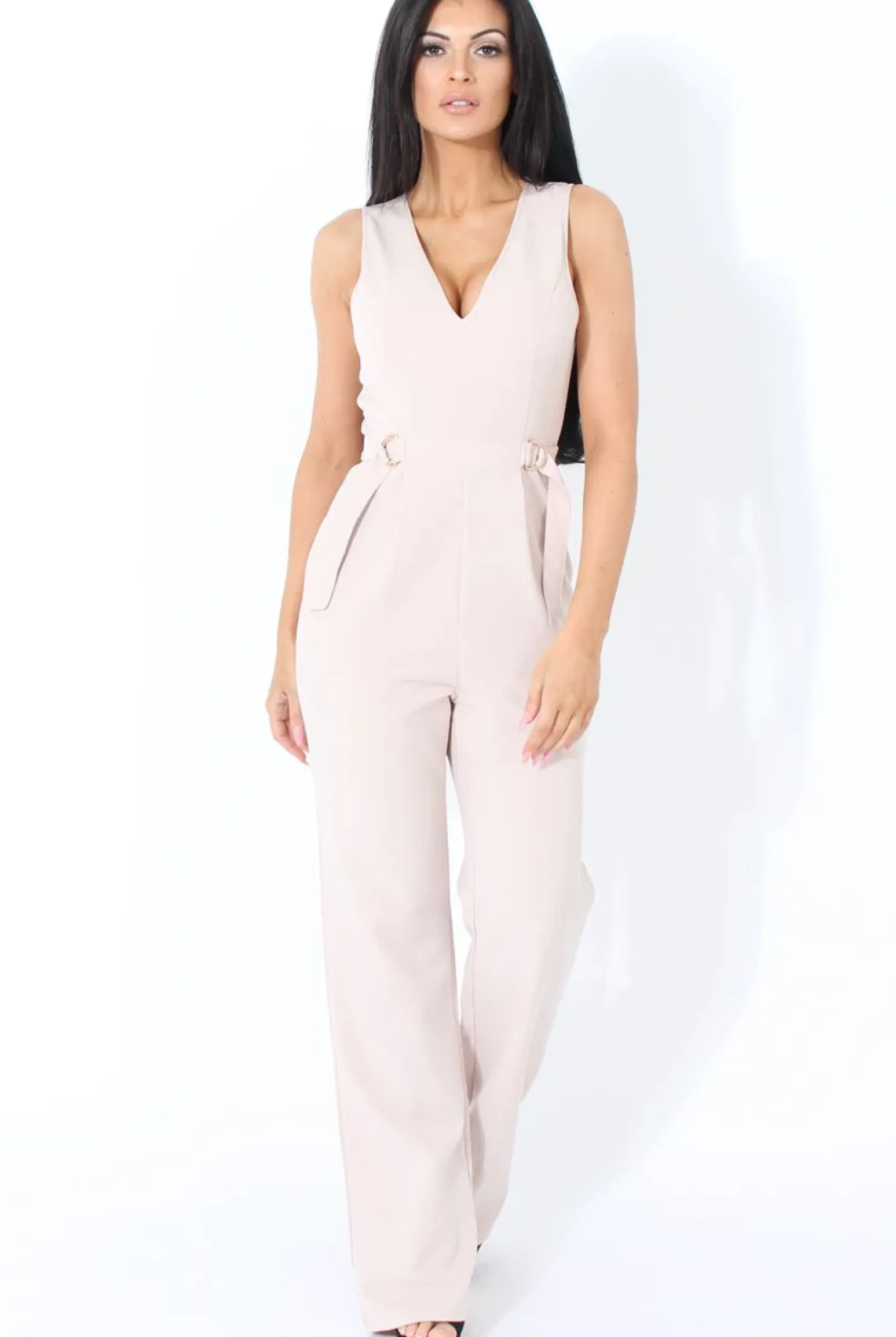 Rebellious Fashion Nude D-Ring Detail V Front Jumpsuit- Issi