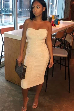 Rebellious Fashion Nude Extreme Ruched Slinky Midi Bodycon Dress - Kaja