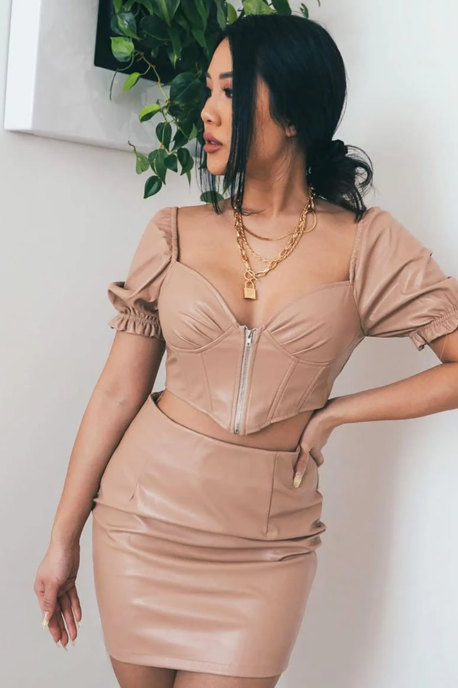 Rebellious Fashion Nude Faux Leather Milkmaid Crop Skirt Co-ord - Primrose