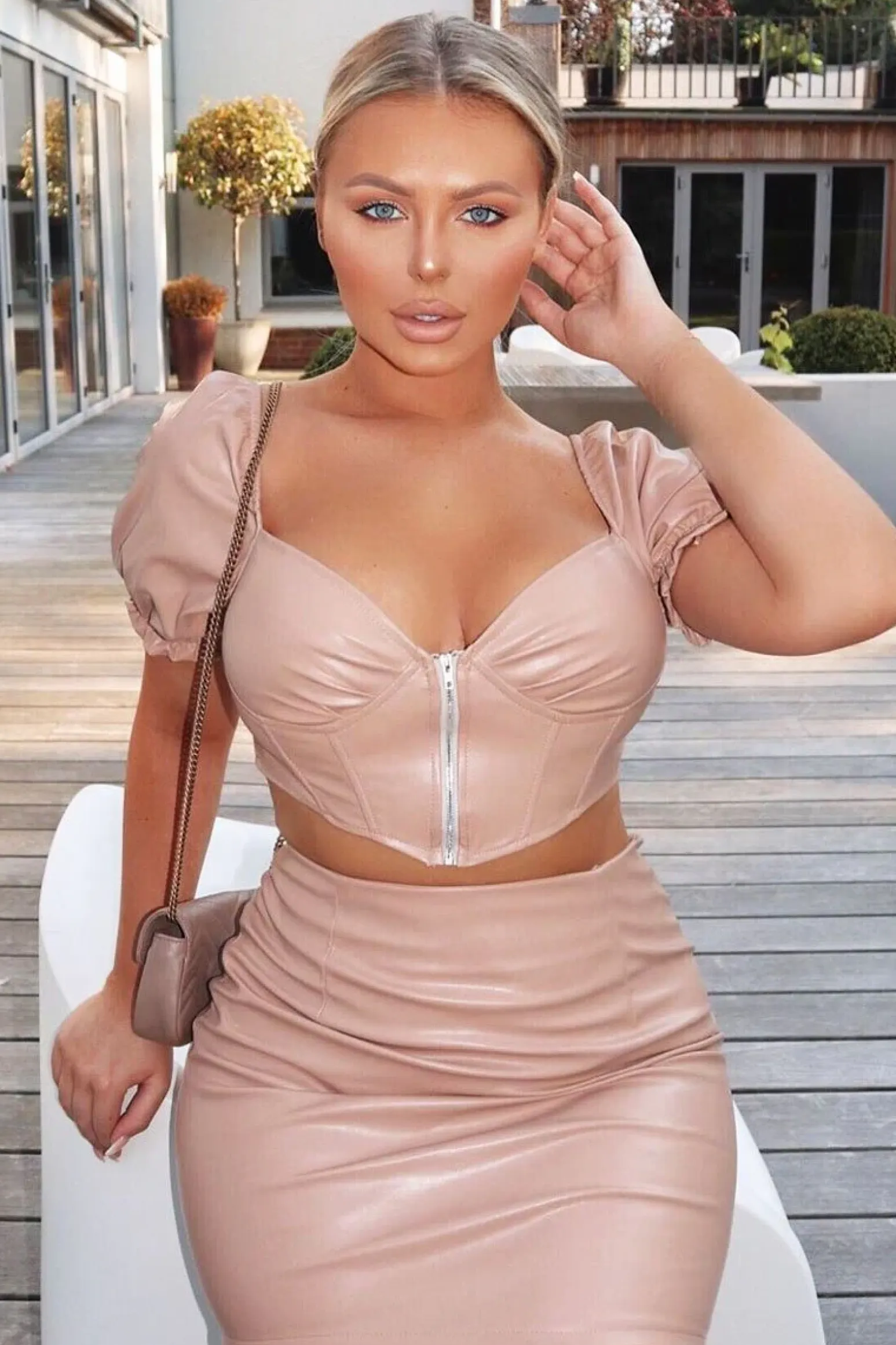 Rebellious Fashion Nude Faux Leather Milkmaid Crop Skirt Co-ord - Primrose