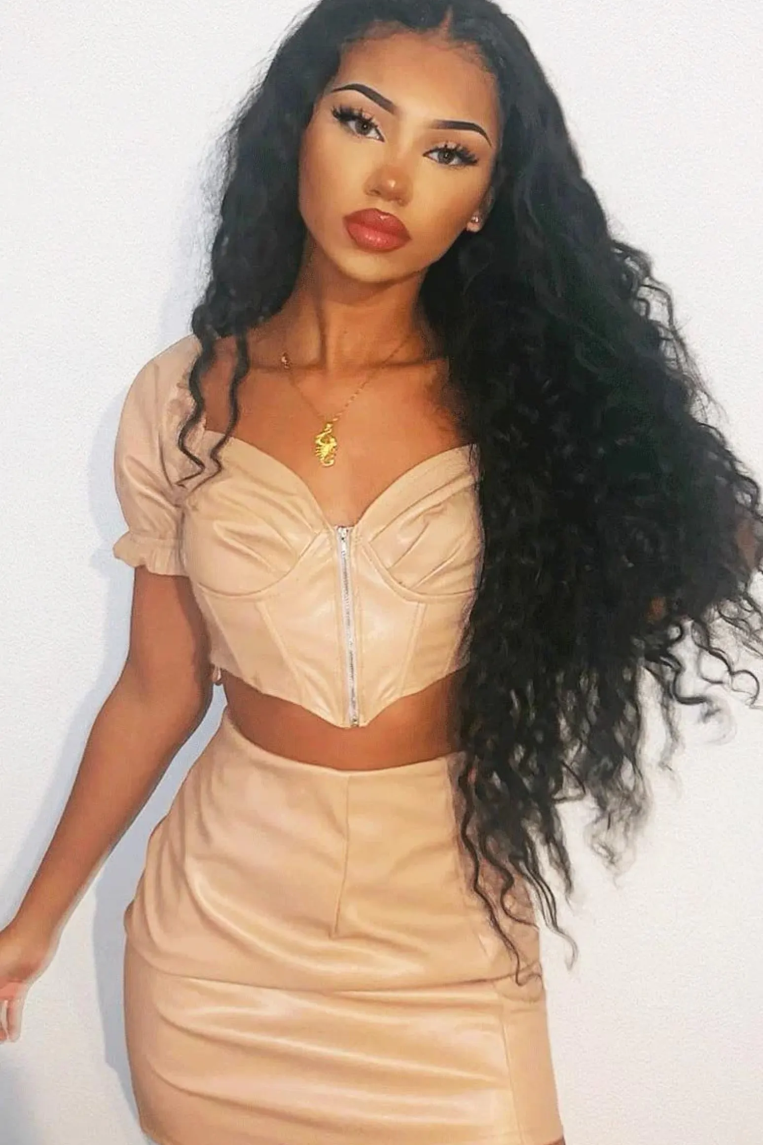 Rebellious Fashion Nude Faux Leather Milkmaid Crop Skirt Co-ord - Primrose