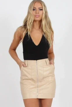 Rebellious Fashion Nude Faux Leather Mini Skirt - Paige