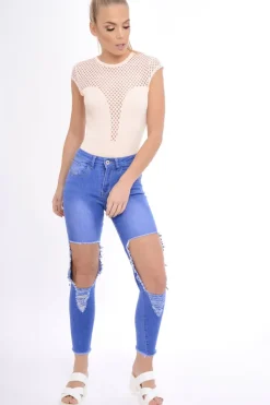 Rebellious Fashion Nude Fishnet Mesh Insert Bodysuit - Felicity