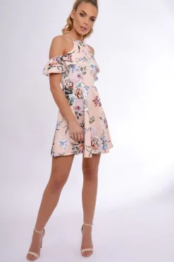 Rebellious Fashion Nude Floral Cold Shoulder Skater Dress - Zoey