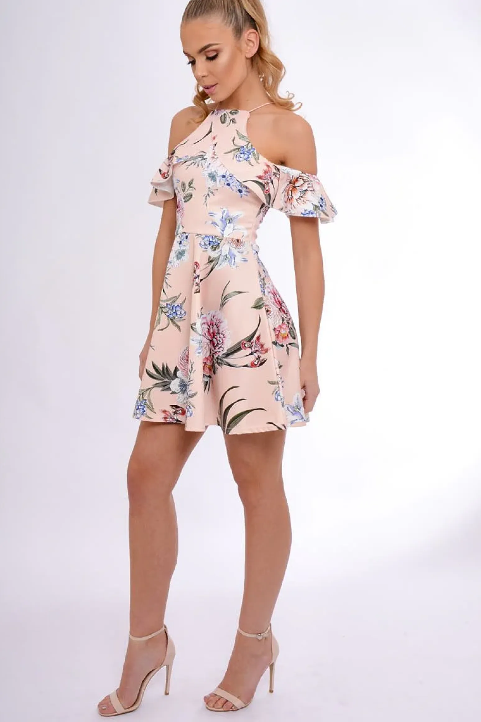 Rebellious Fashion Nude Floral Cold Shoulder Skater Dress - Zoey
