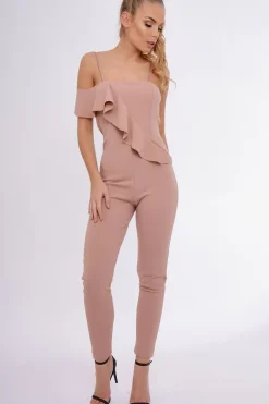 Rebellious Fashion Nude Frill Asymmetric One Shoulder Jumpsuit - Tory